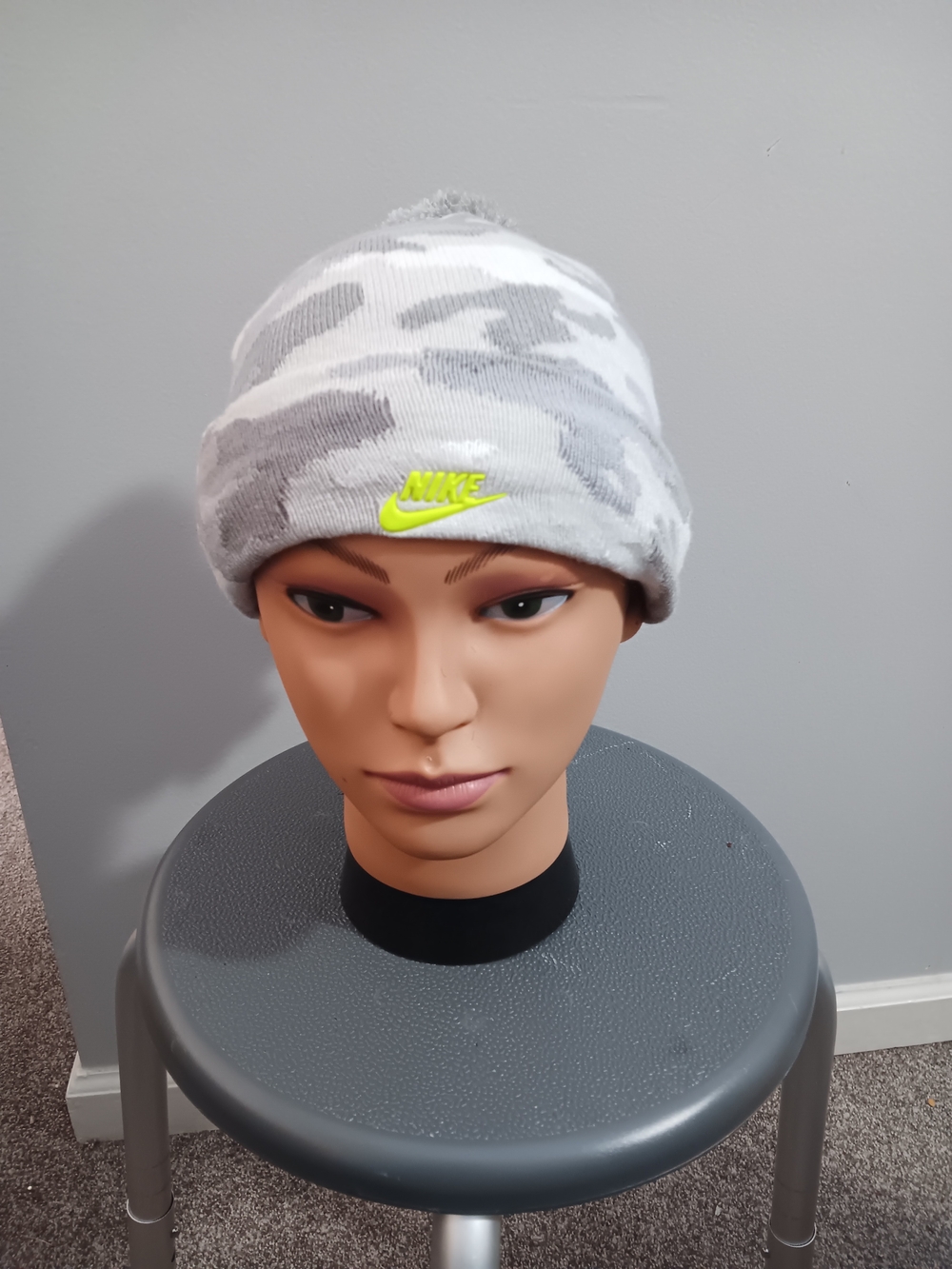 Nike Kids Grey Camo Beanie with Neon Yellow Logo